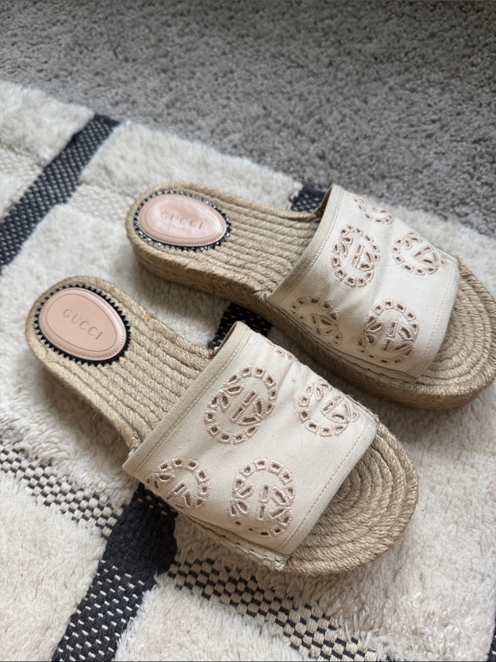 Gucci Cream Embroidered Espadrille Slide Mules